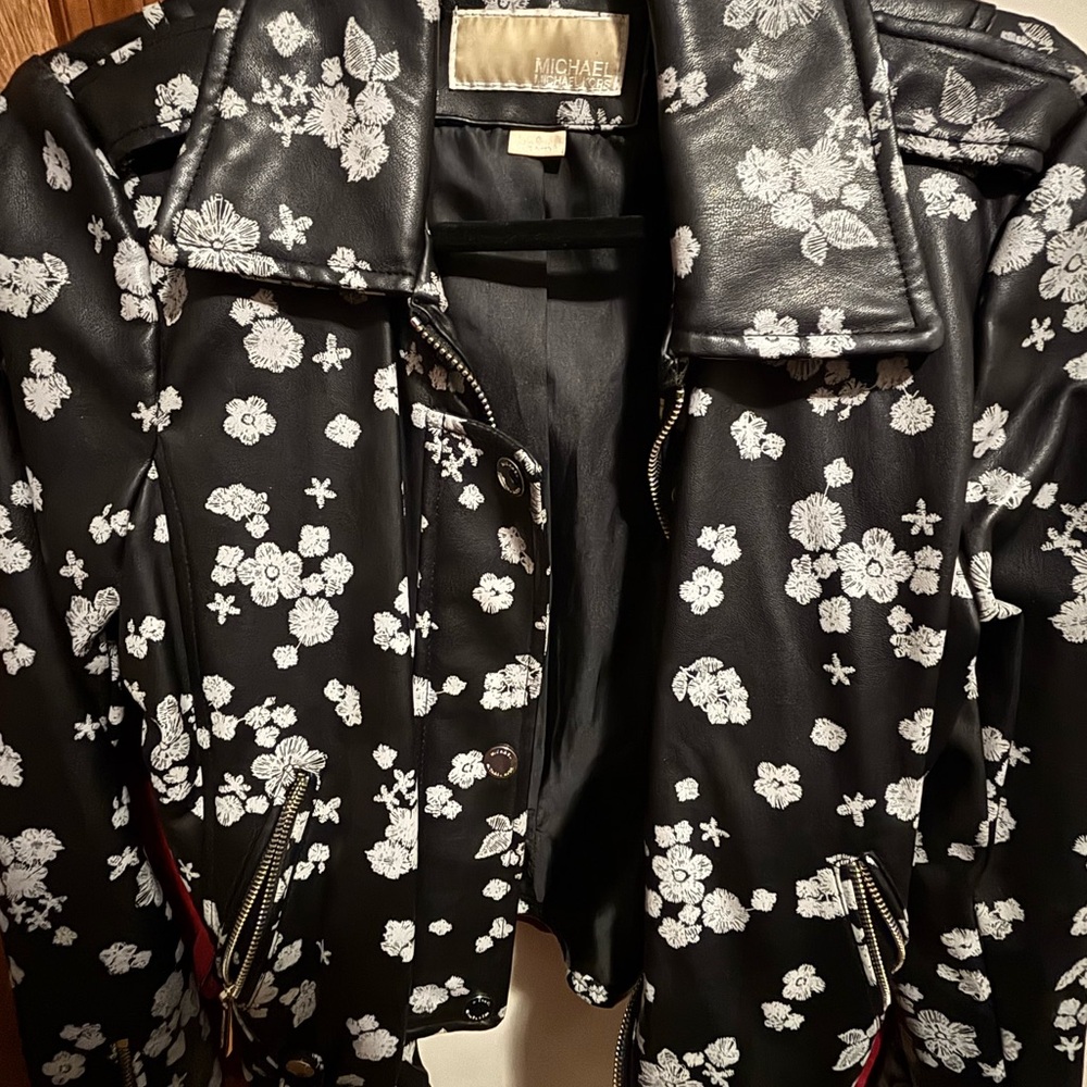 Michael Kors Black and White Floral Leather Jacket